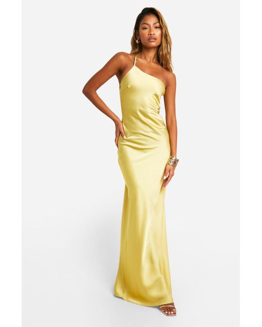 Boohoo Yellow Satin Asymmetric Strap Maxi Dress
