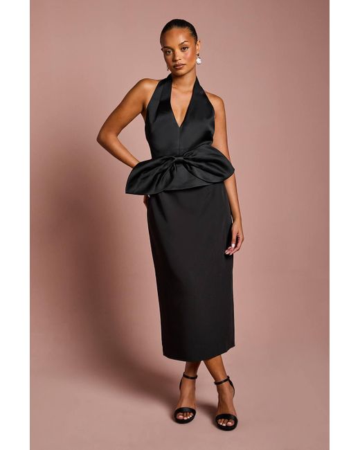 Coast Brown Petite Halter Neck Structured Satin Column Midi Dress