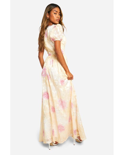 Floral Jacquard Puff Sleeve Milkmaid Maxi Dress Boohoo de color Natural