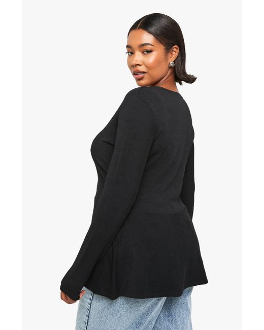 Boohoo Black Plus Rib Button Down Peplum Top