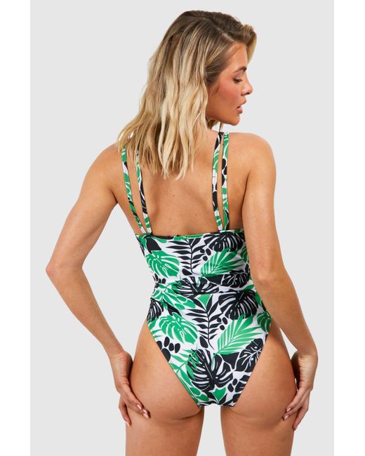 Boohoo Green Tropical Scoop Bathing Suit