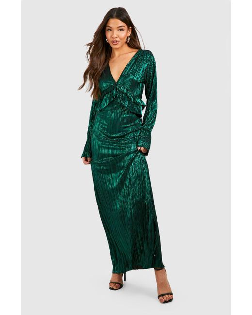 Boohoo Green Metallic Plisse Ruffle Maxi Dress