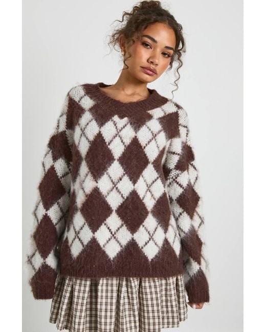 Boohoo Brown Premium Super Soft Brushed Knit V Neck Argyle Oversized Jumper