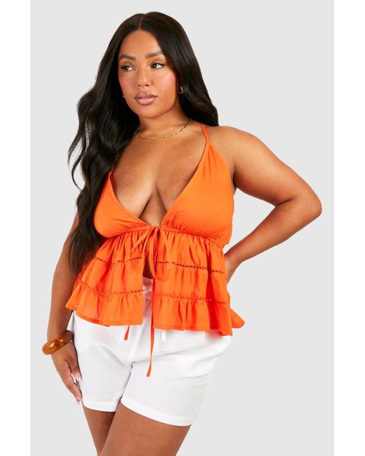 Boohoo Orange Plus Cotton Crochet Trim Strappy Cami