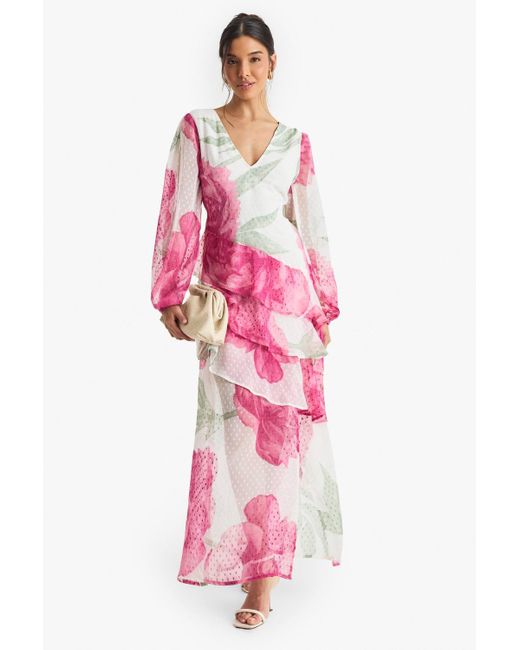 Boohoo Pink Floral Dobby Frill Detail Maxi Dress