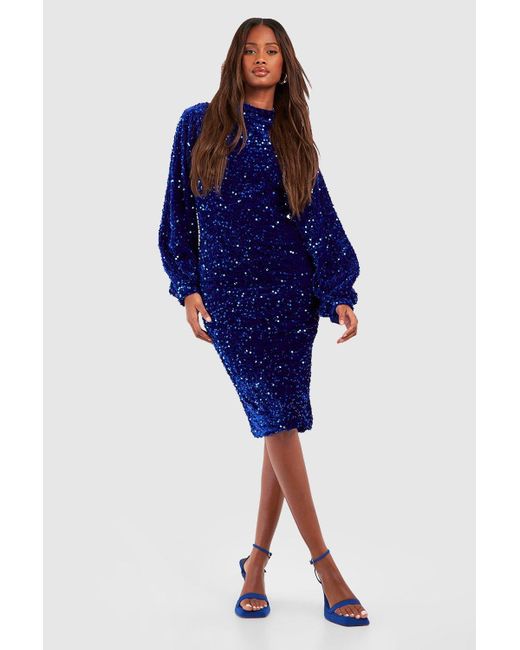 Boohoo Blue Velvet Sequin High Neck Midi Party Dress