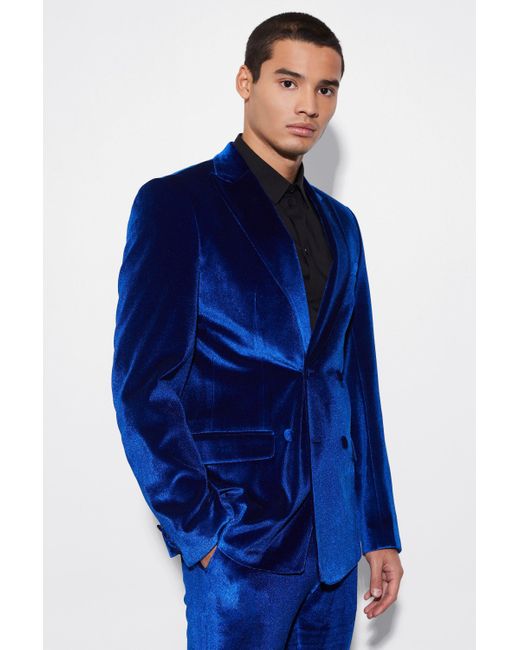 BoohooMAN Slim Double Breasted Velour Suit Jacket in Blue for Men | Lyst