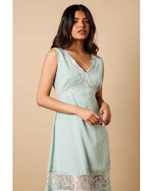 Oasis Natural Petite Dobby Chiffon Lace Insert Midi Dress