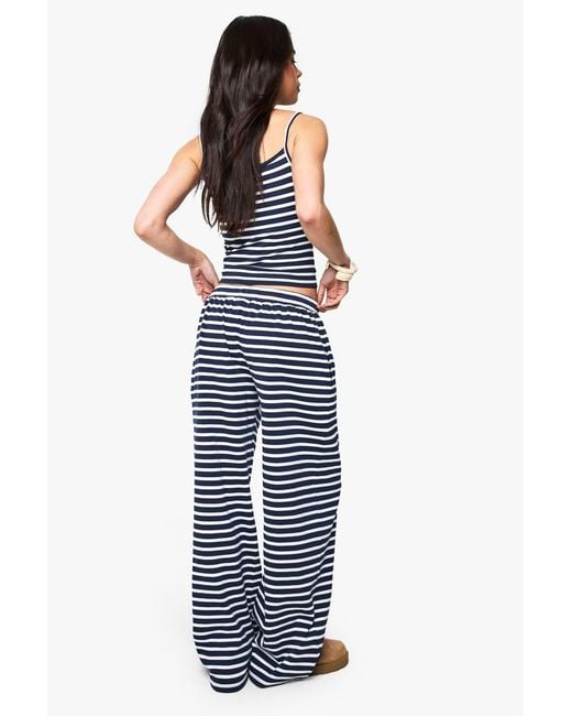 Boohoo Blue Stripe Ribbed Wide Leg Trouser