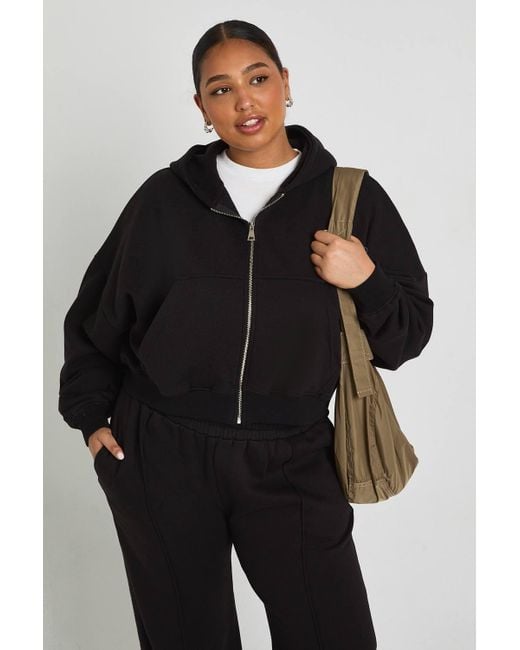 Boohoo Black Plus Core Basic Boxy Balloon Sleeve Oversized Zip Through Hoodie