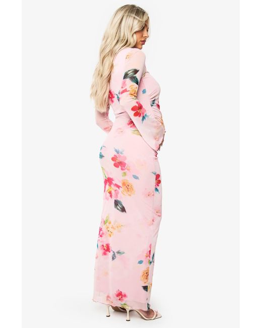 Boohoo Maternity Floral Mesh Lettuce Hem Maxi Dress in Pink | Lyst