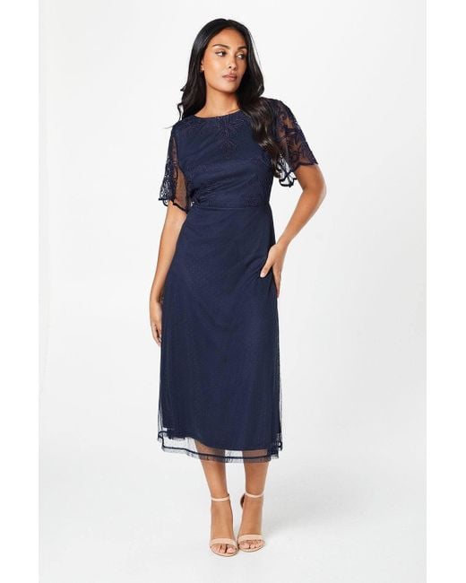 Wallis Blue Petite Occasion Cornelli Slash Neck Dobby Midi Dress