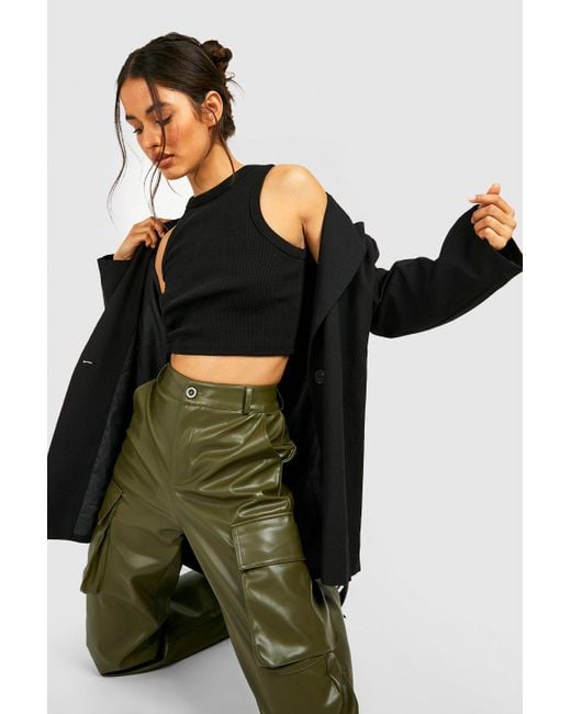Boohoo Faux Leather High Waisted Cargo Pants in Green | Lyst