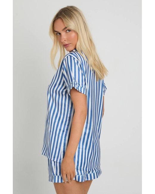 Boohoo Blue Contrast Stripe Short Sleeve Shirt And Short Pyjama Set