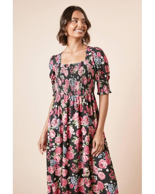 Dorothy Perkins Pink Floral Shirred Bodice Puff Sleeve Square Neck Midi Dress