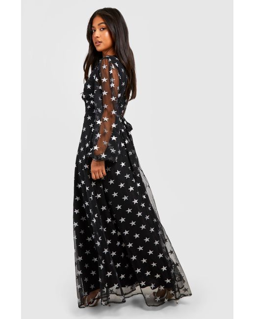 Boohoo Black Petite Metallic Star Volume Sleeve Maxi Dress