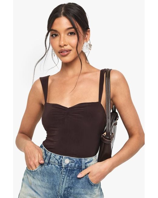 Boohoo Black Double Layer Slinky Sweetheart Neckline Top