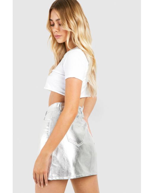 Boohoo White Metallic Denim Mini Skirt