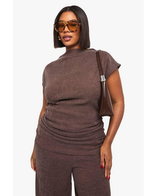 Boohoo Brown Plus Ruched Side Asymmetric Top
