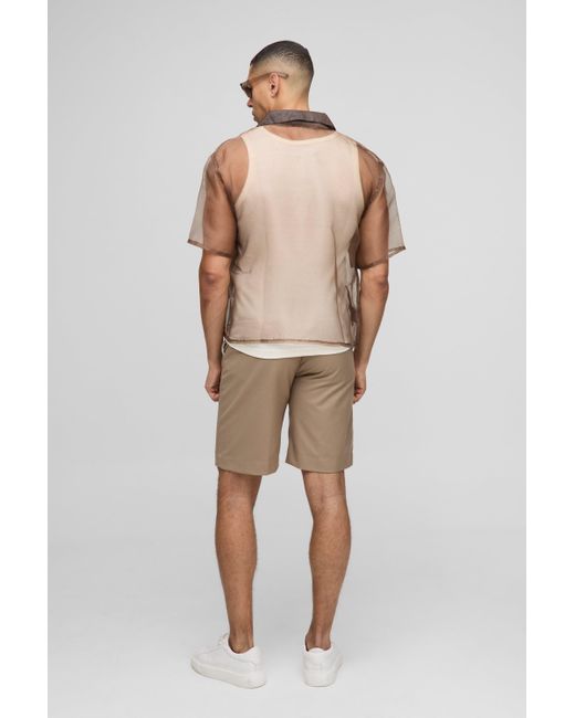 BoohooMAN Kurzärmliges kastiges Oversize Hemd mit Organza-Applikation in Brown für Herren