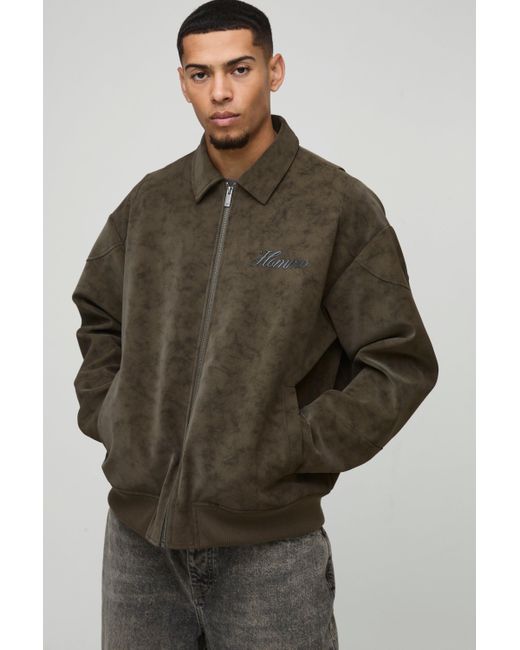 Boohoo Green Homme Oversized Washed Pu Collared Bomber Jacket