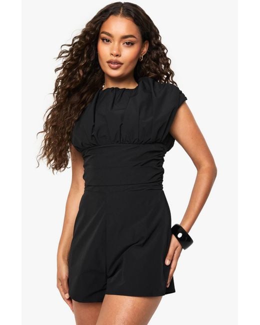Boohoo Black Ruched Cap Sleeve Woven Romper