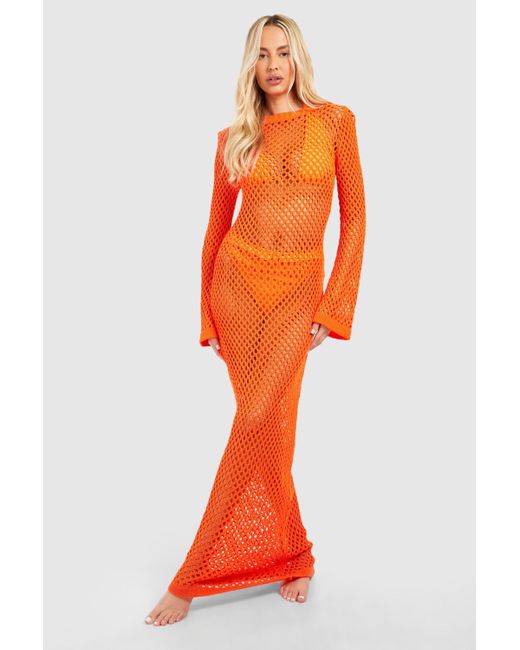 Boohoo Orange Tall Crochet Scoop Back Maxi Dress
