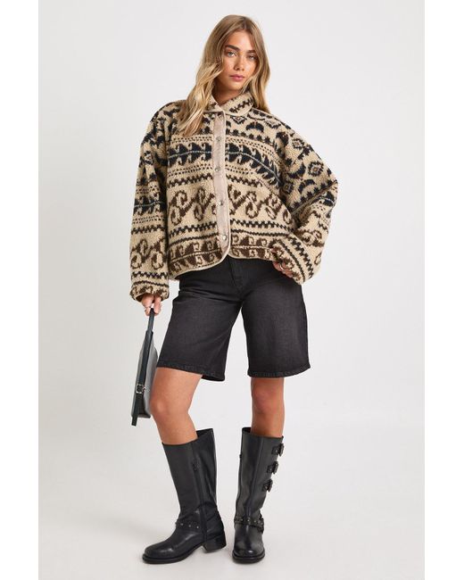 Boohoo Aztec Printed Teddy Button Up Jacket in Blue | Lyst Canada