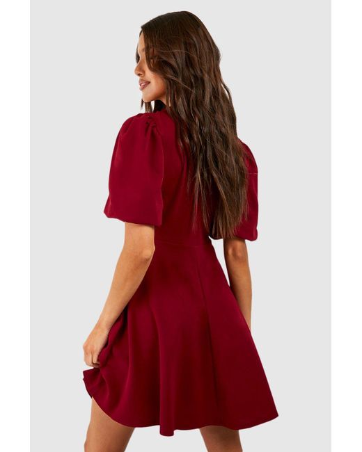 Boohoo Red Puff Sleeve Rouched Skater Dress