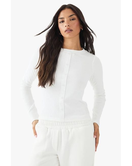 DSGN Studio White Square Script Embroidered Rib Button Through Long Sleeve Top