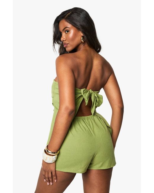 Boohoo Green Linen Ruched Bandeau Skort Playsuit