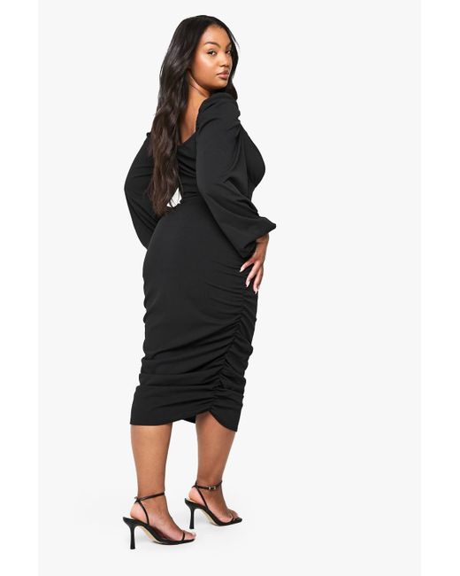 Boohoo Black Plus Blouson Sleeve Rouched Midi Dress