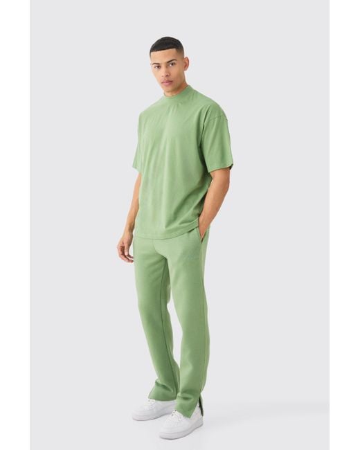 BoohooMAN Green Man Signature Oversized Extended Neck Tshirt And Jogger Set for men