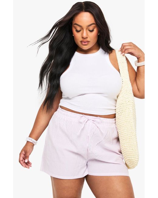Boohoo White Plus Lilac Seersucker Stripe Drawstring Waist Shorts