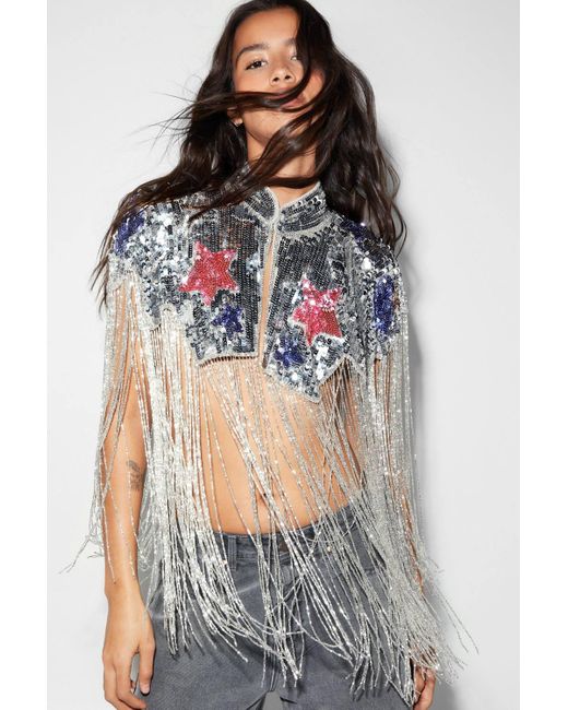 Nasty Gal Gray Sequin Star Embellished Tassel Beaded Cape