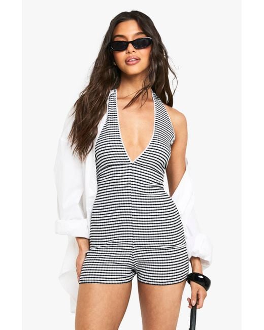 Boohoo White Gingham Halterneck Romper