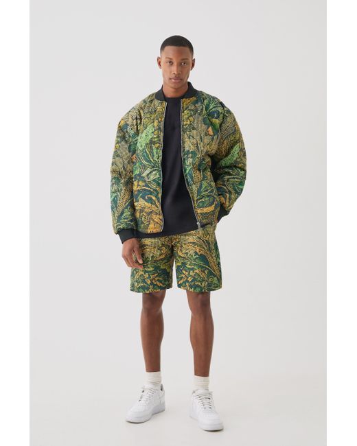 BoohooMAN Green Square Quilted Tapestry Short & Bomber Jacket Set for men