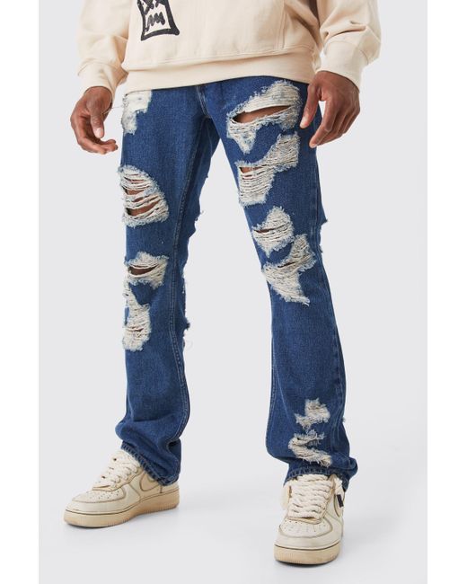 BoohooMAN Blue Slim Rigid Flare Self Fabric Applique Official Jeans for men