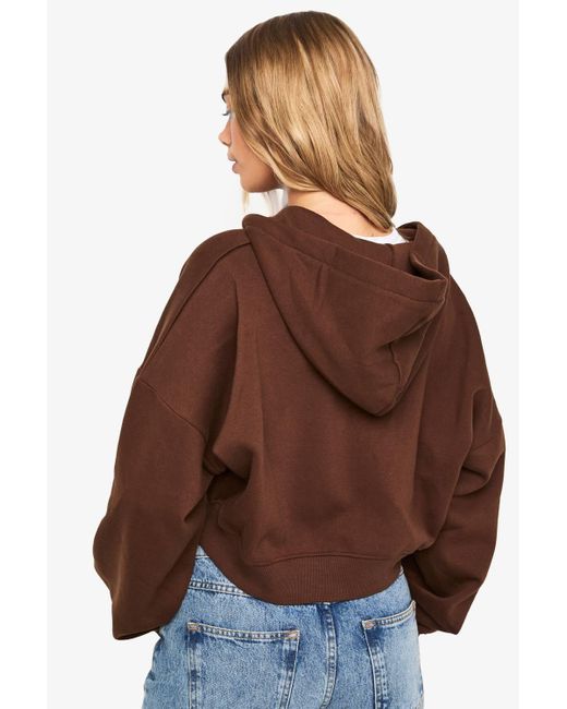 Boohoo Brown Boxy Balloon Sleeve Oversized Zip Through Hoodie