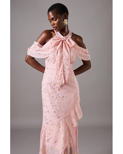 Coast Pink Cold Shoulder Jacquard Midi Dress With Wrap Skirt And Tie Neck