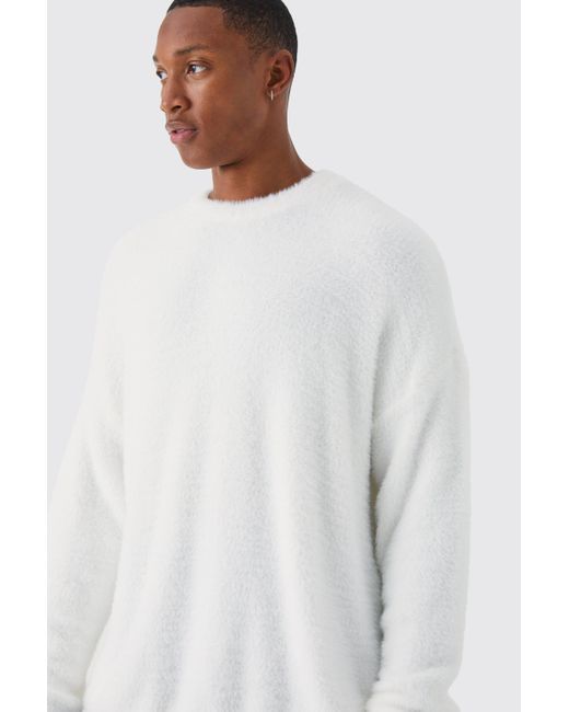 BoohooMAN Flauschiger Oversize Rundhals-Pullover in White für Herren
