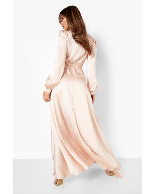Boohoo Satin Wrap Belted Maxi Dress in Beige (Natural) | Lyst