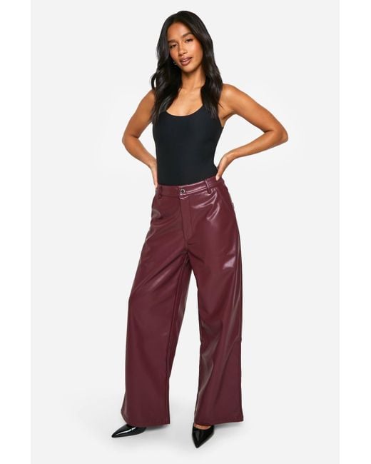 Boohoo Women's Red Petite Wide Leg Faux Leather Trouser