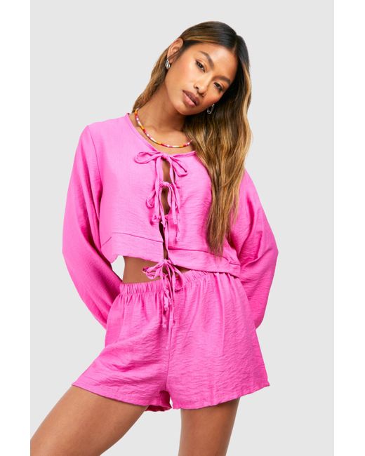 Boohoo Pink Textured Linen Look Volume Sleeve Blouse & Flippy Shorts