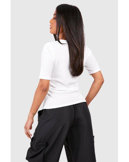 Boohoo White Petite Ribbed Basic T Shirt