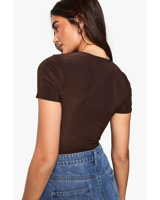 Boohoo Brown Double Layer Slinky Short Sleeve One Piece