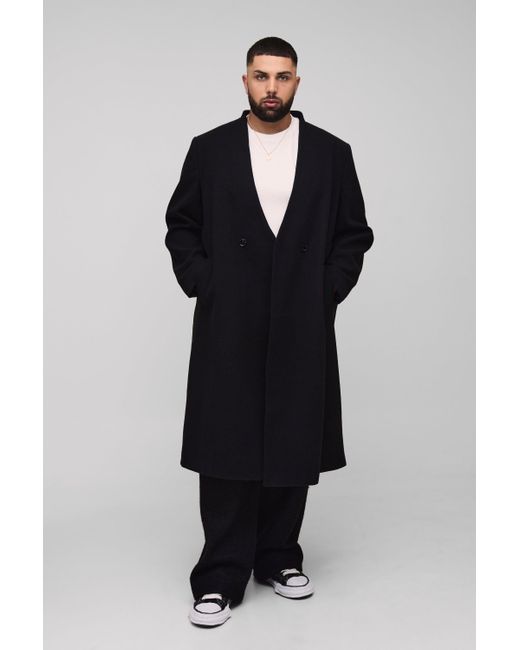 Boohoo Black Plus Oversized Boxy Double Breasted Collarless Overcoat