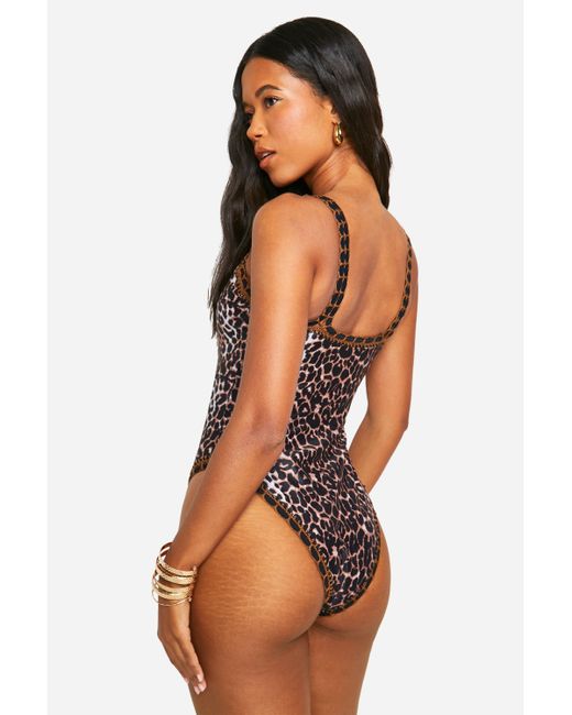 Boohoo Multicolor Crochet Stitch Leopard Scoop Bathing Suit