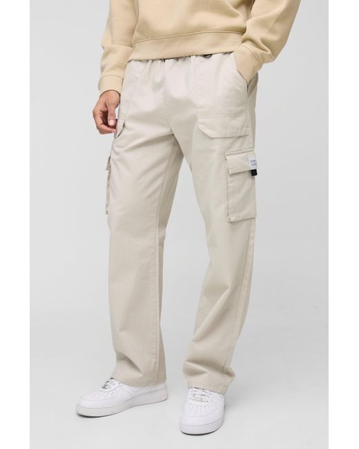 BoohooMAN Natural Elasticated Waist Relaxed Fit Buckle Cargo Trouser for men