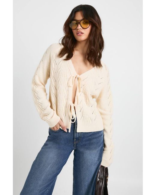 Boohoo Blue Pointelle Detail Tie Front Knitted Cardigan